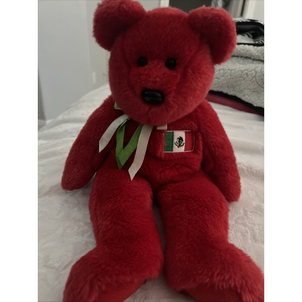 2000 TY Beanie BUDDY Plush Toy OSITO Red Bear with Mexico Flag